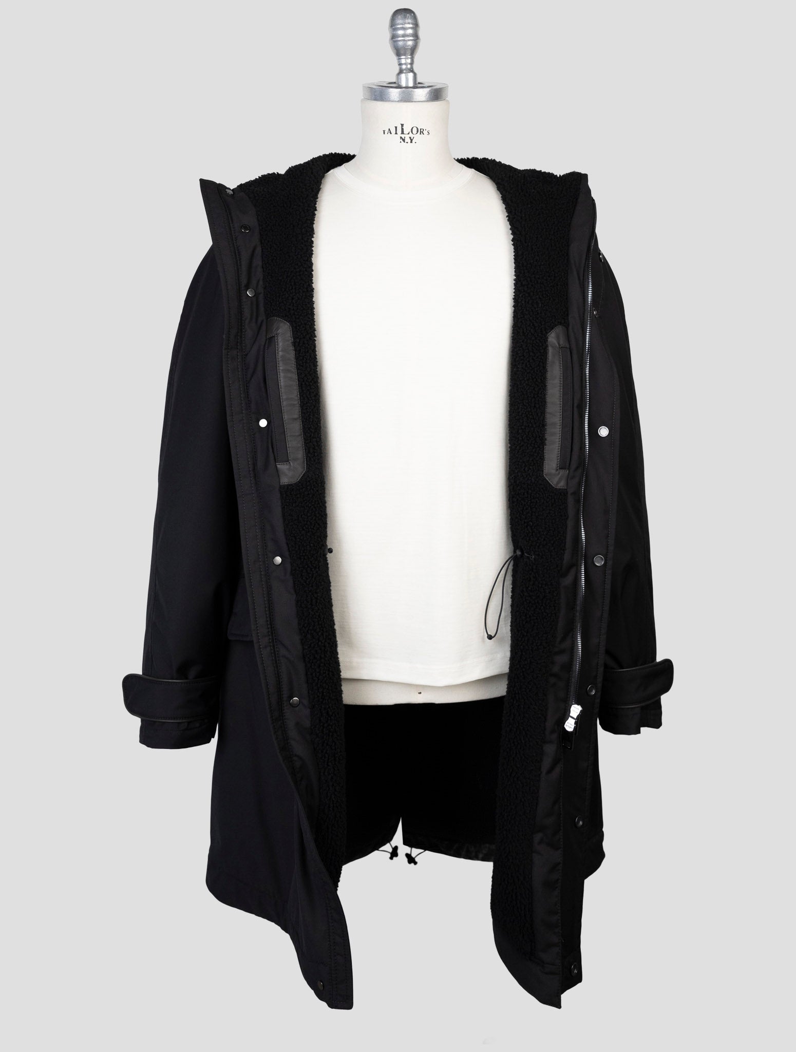 Kiton Black Pl Viscose Shearling Fur Overcoat