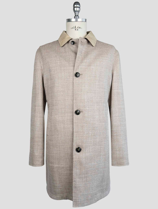 Kiton Beige Brown Virgin Wool Silk  Linen Reverse Coat