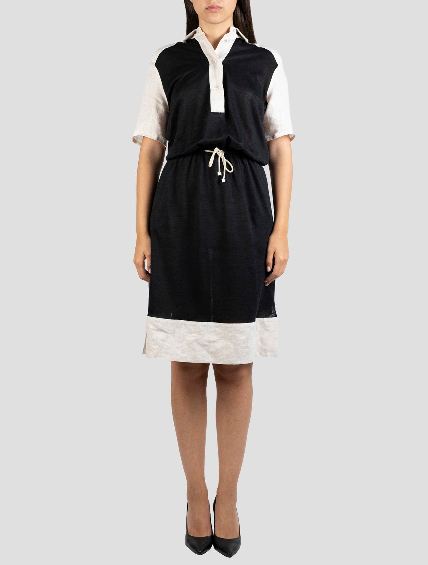 Kiton Beige Black Linen Dress