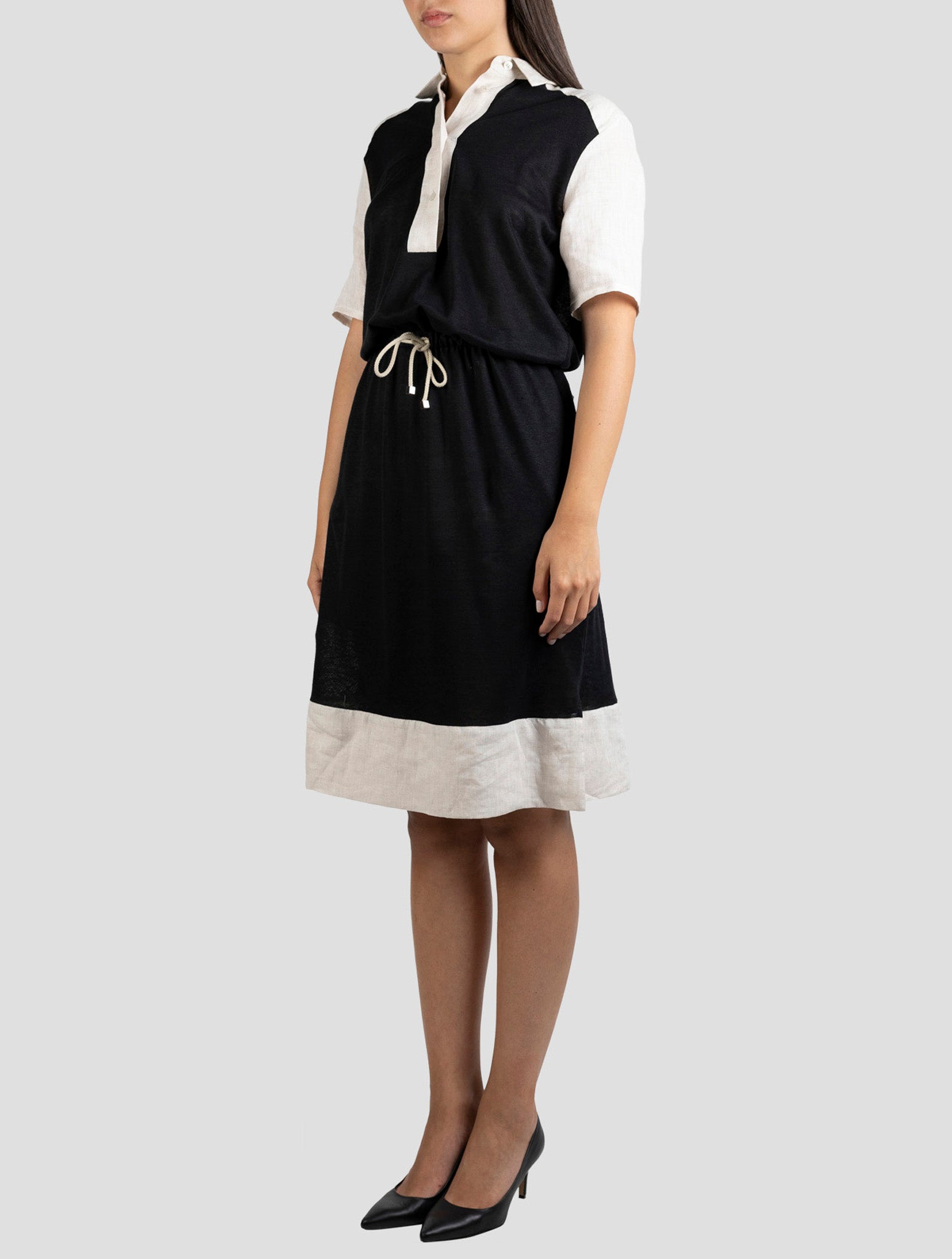 Kiton Beige Black Linen Dress