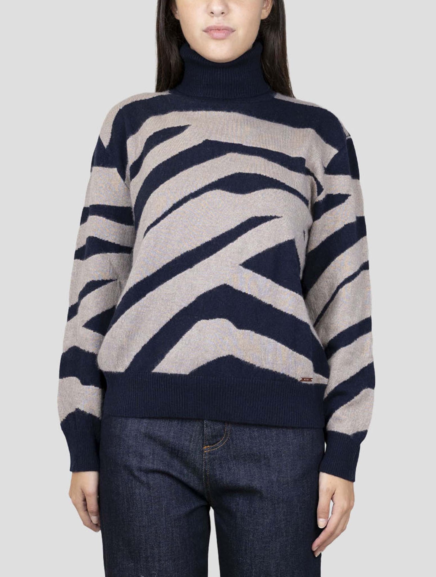 Kiton Blue Beige Cashmere Silk Sweater Turtleneck