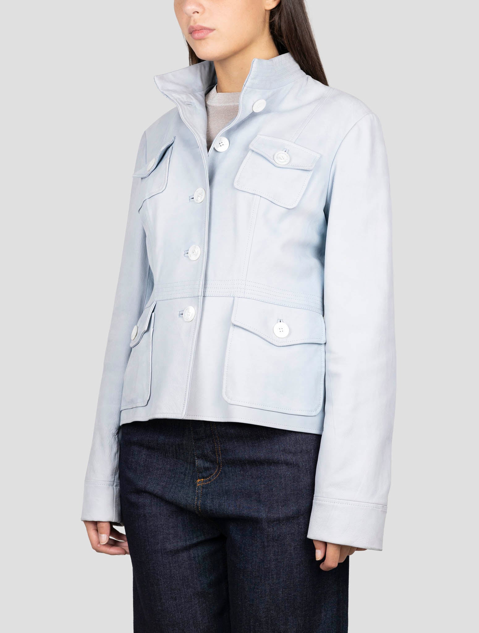 Kiton Light Blue Leather Coat