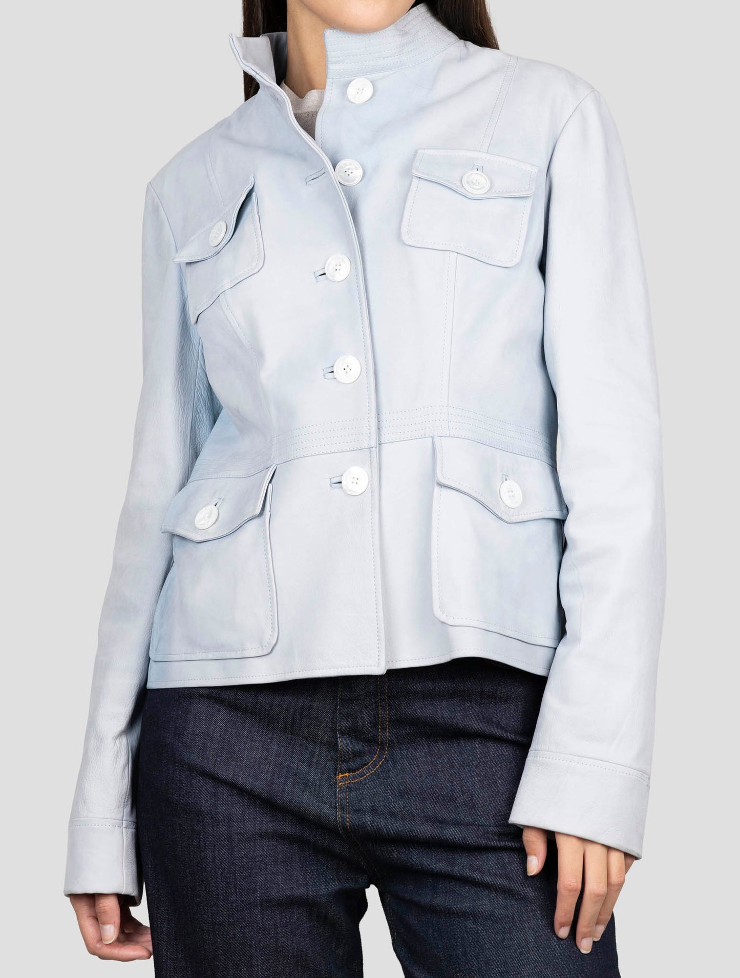Kiton Light Blue Leather Coat