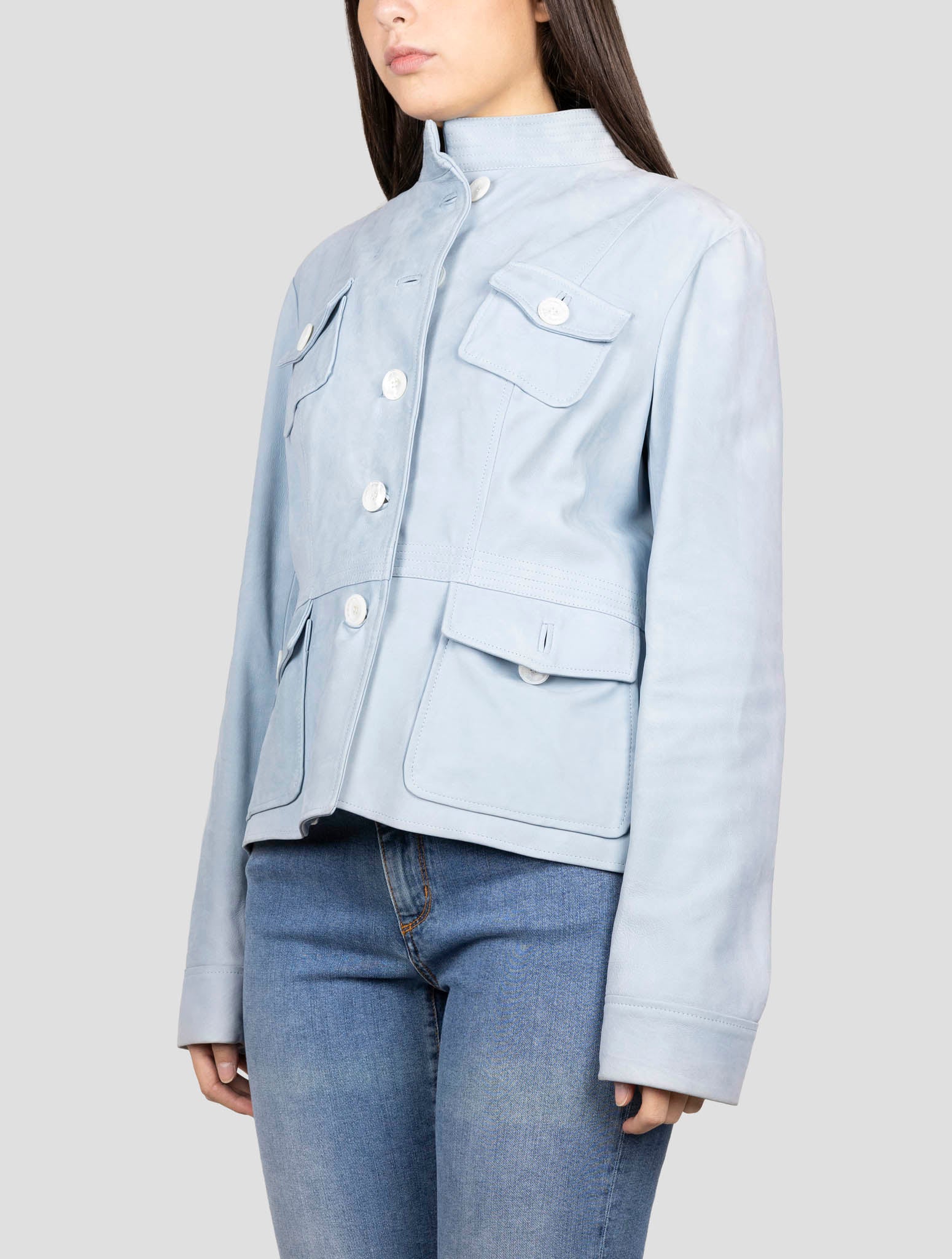 Kiton Light Blue Leather Coat