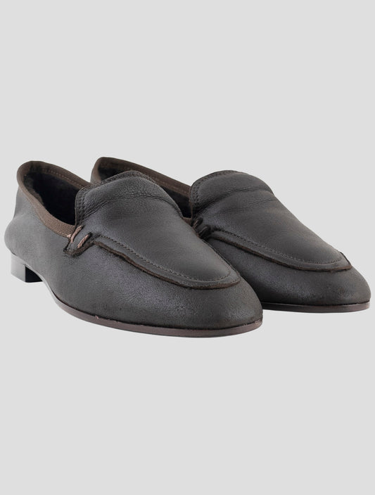 Kiton Dark Brown Leather Shearling Suede Loafers