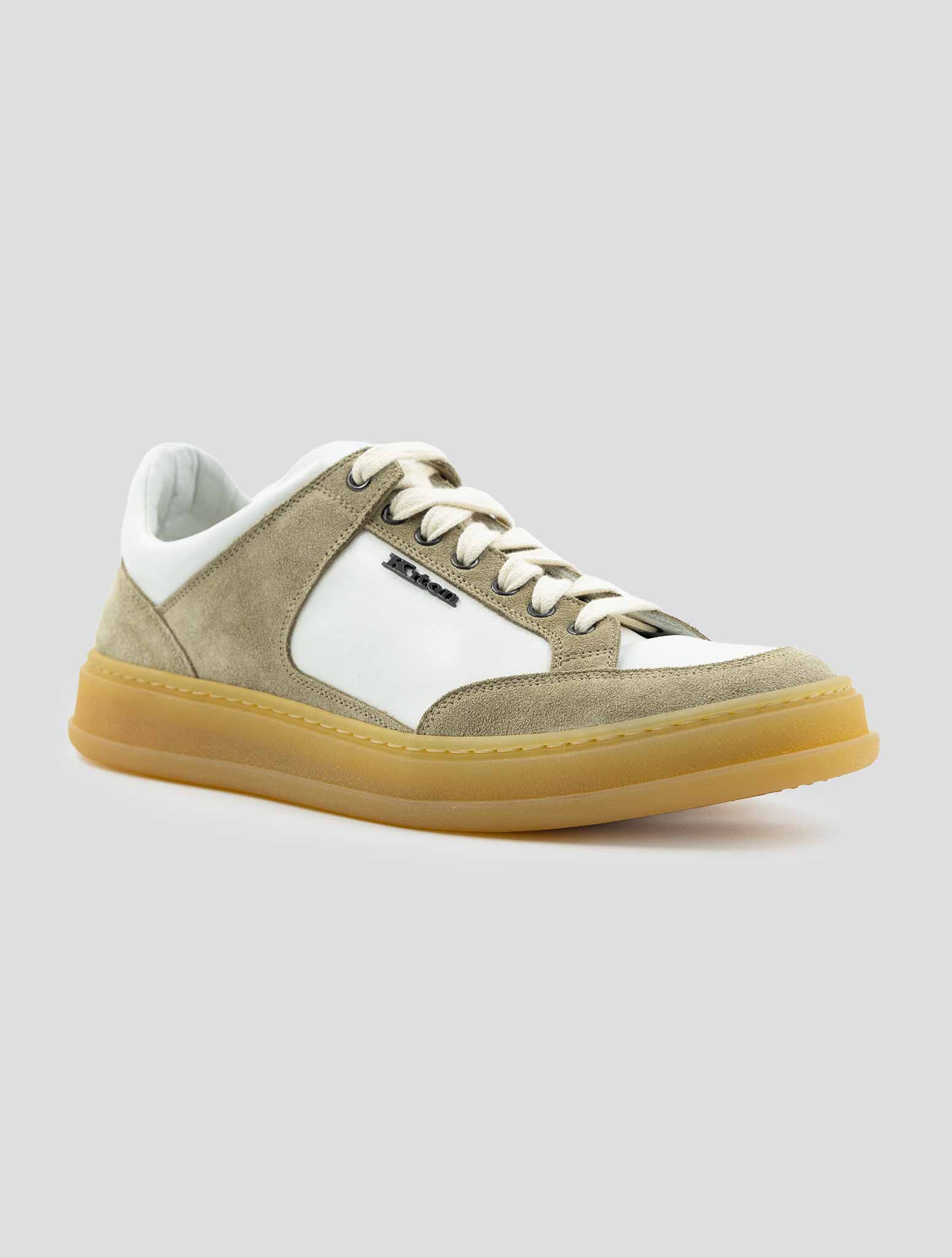 Kiton Beige White Leather Suede Leather Sneakers
