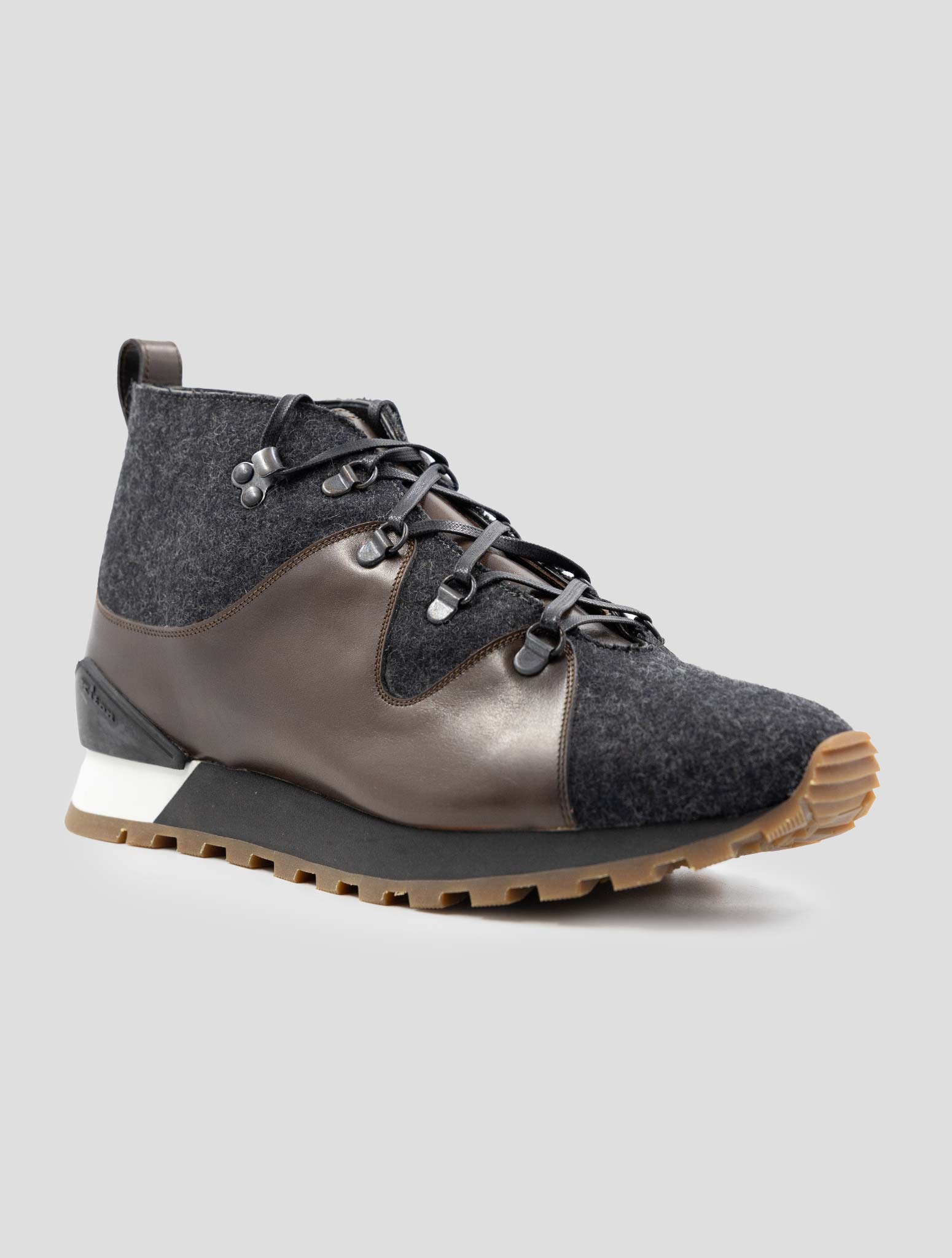 Kiton Brown Gray Leather Wool Boots