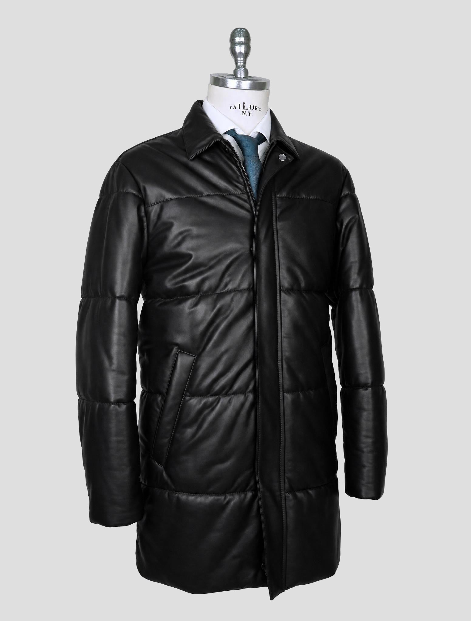 Kiton Black Leather Overcoat