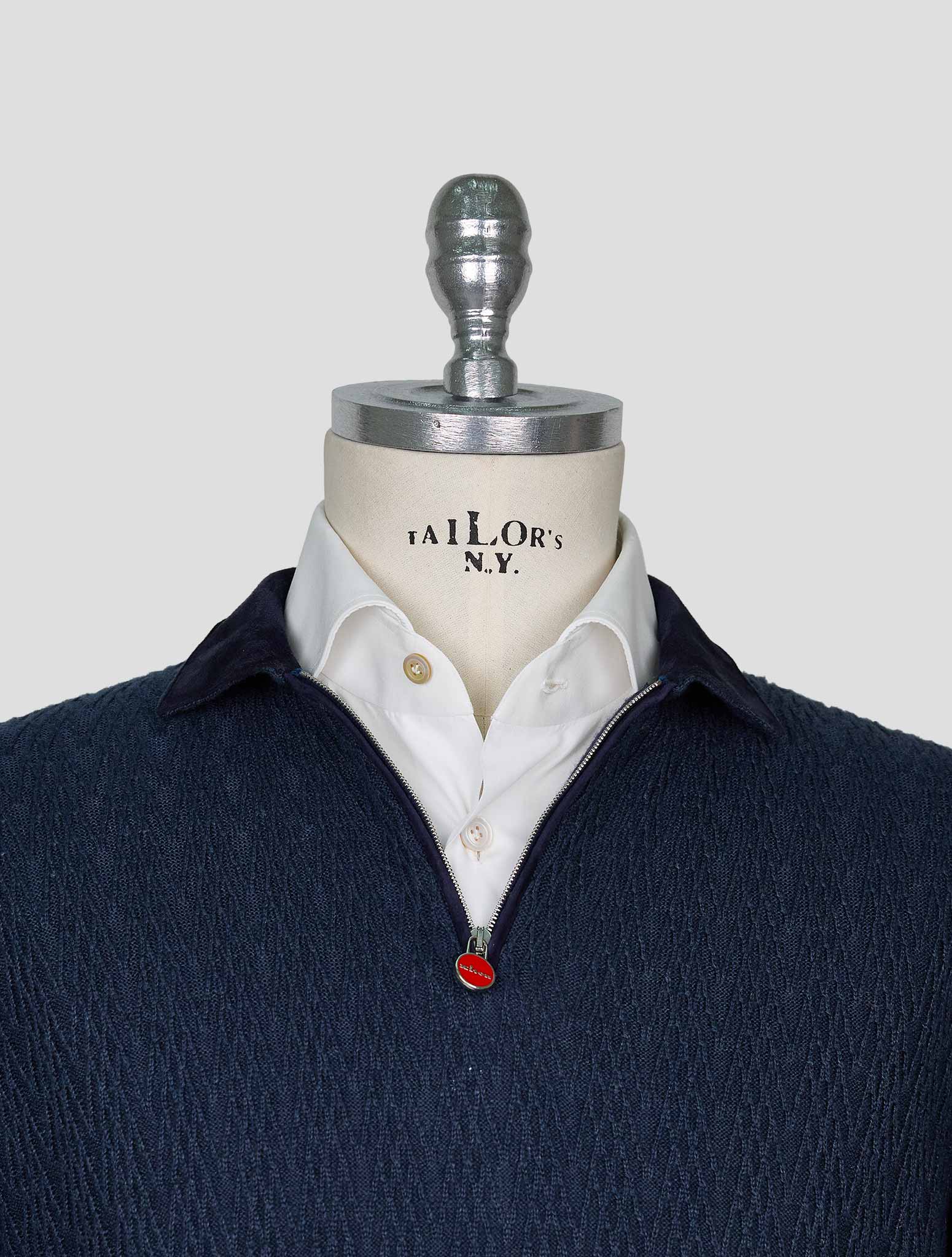 Kiton Blue Linen Cashmere Sweater Half Zip
