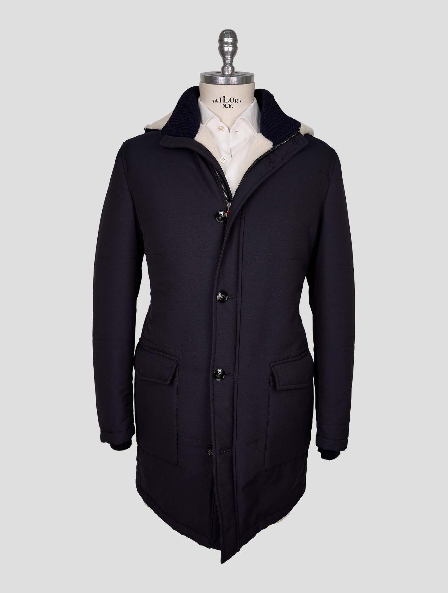 Kiton Blue Wool Pa With Fur Overcoat
