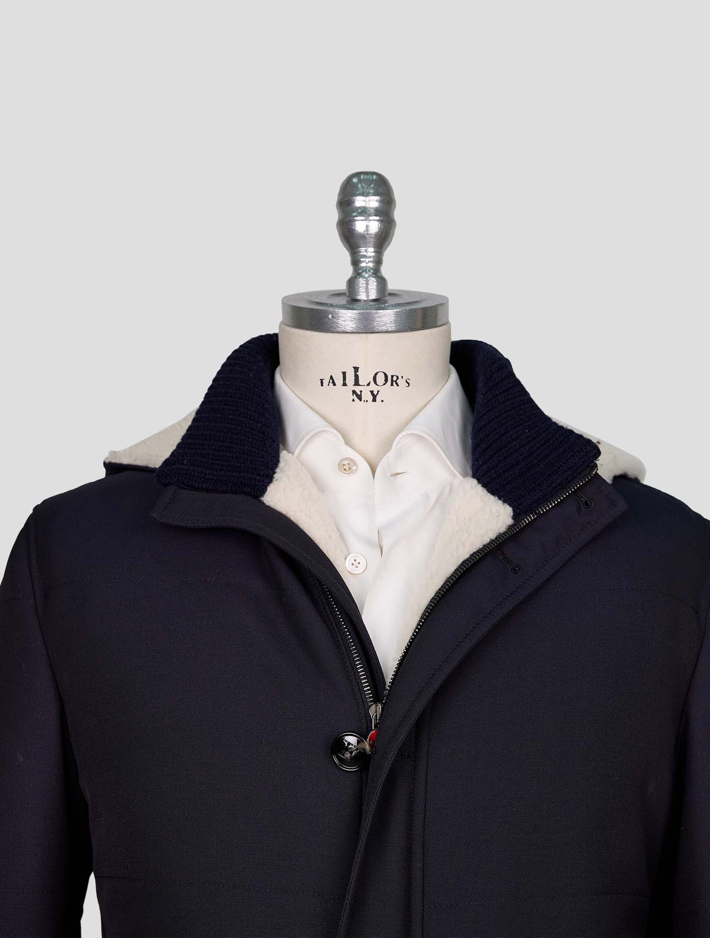 Kiton Blue Wool Pa With Fur Overcoat