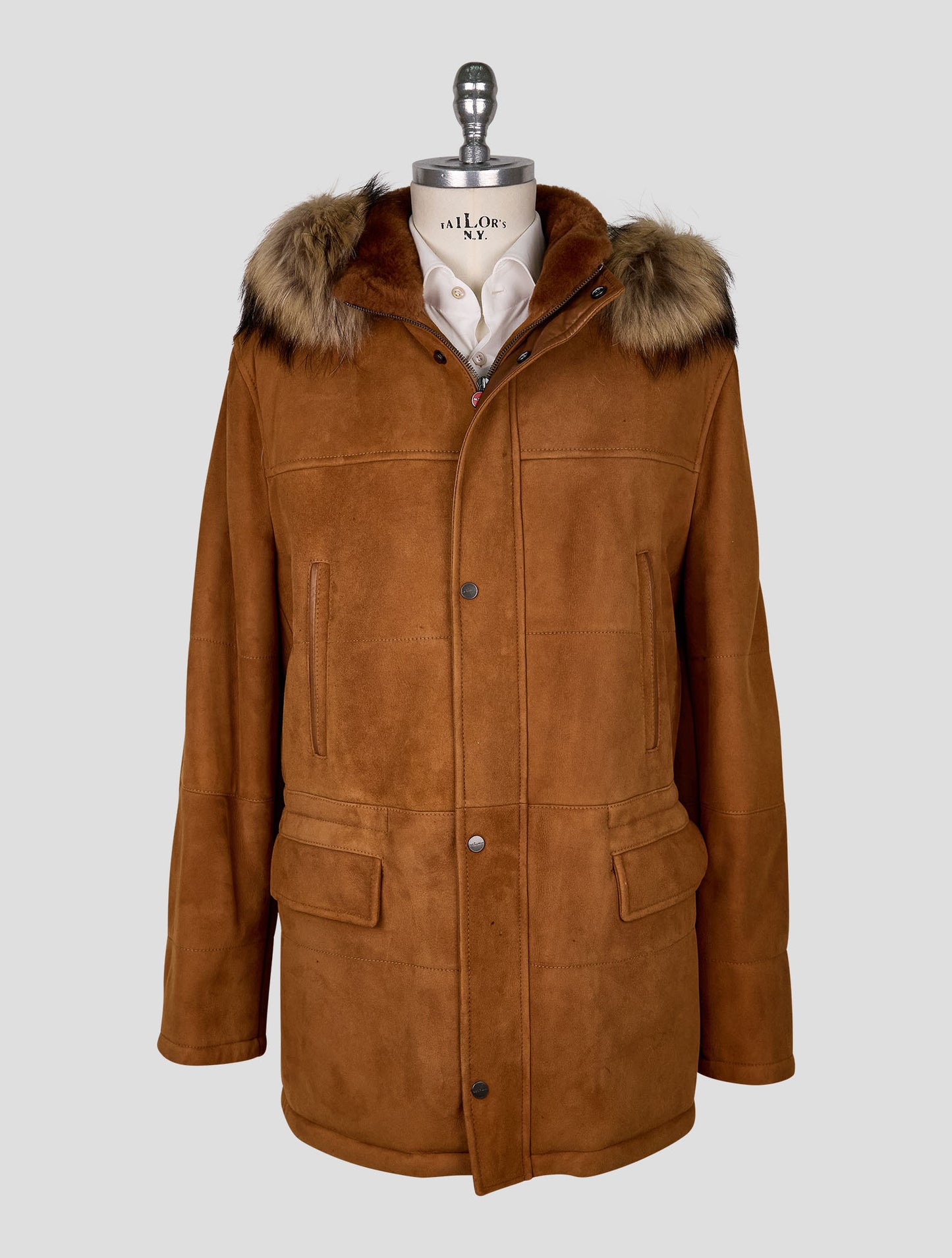 Kiton Brown Leather Shearling Coat