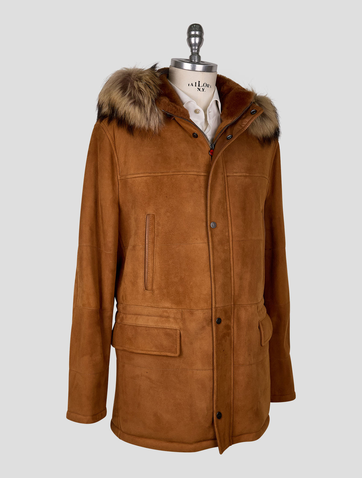 Kiton Brown Leather Shearling Coat