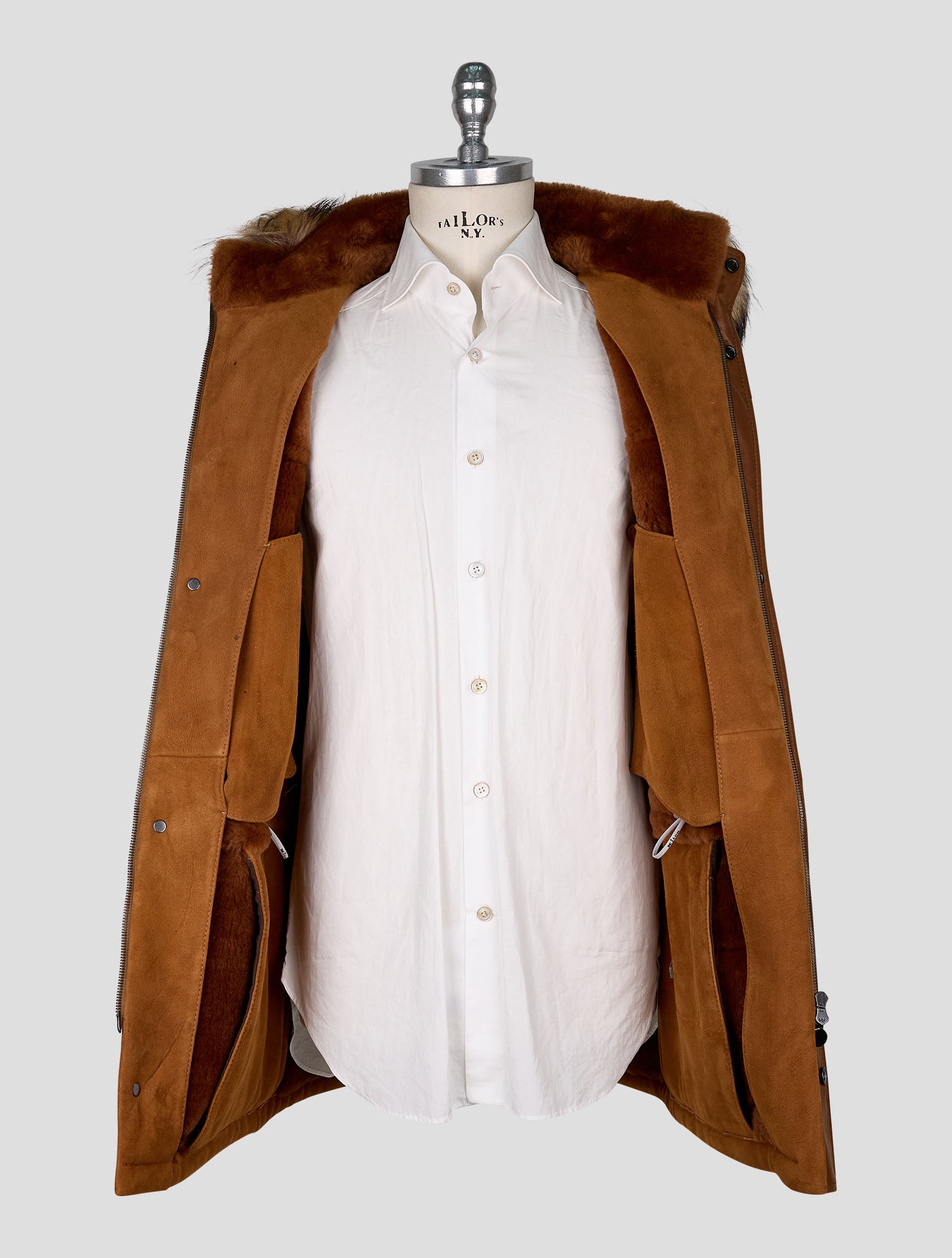 Kiton Brown Leather Shearling Coat