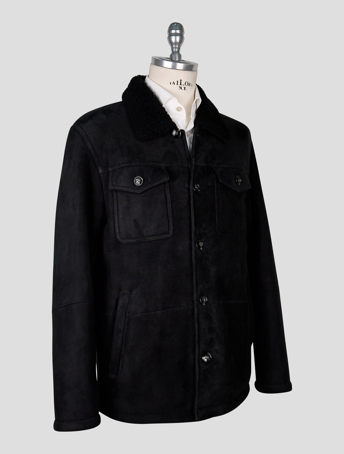 Kiton Black Leather Shearling Coat