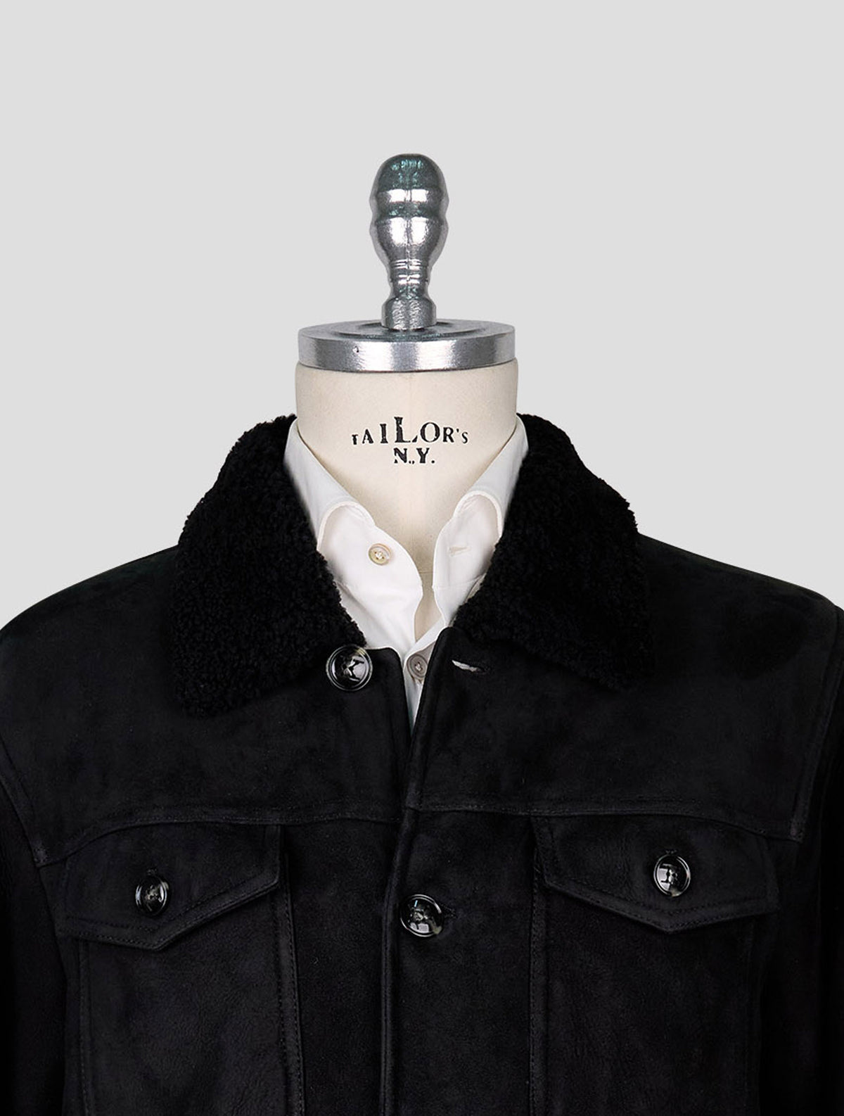 Kiton Black Leather Shearling Coat