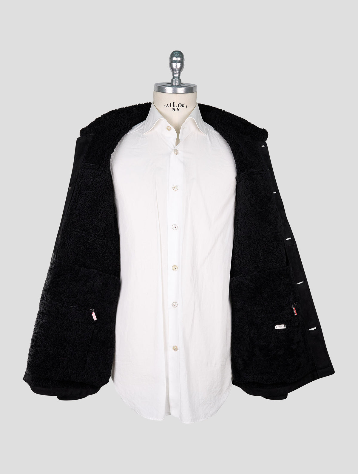 Kiton Black Leather Shearling Coat