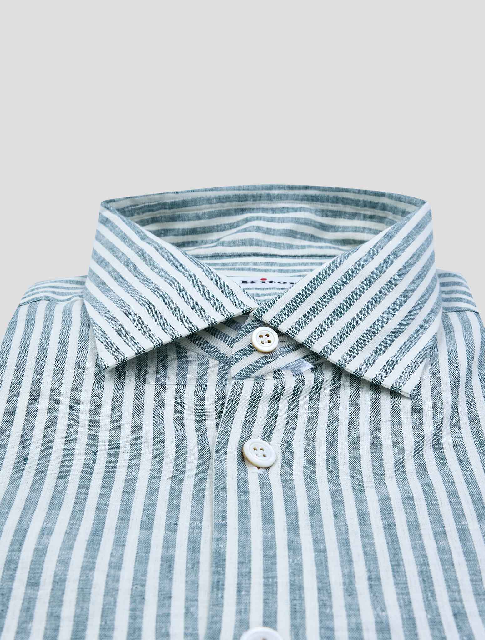 Kiton Green White Linen Pl Ea Shirt Nerano