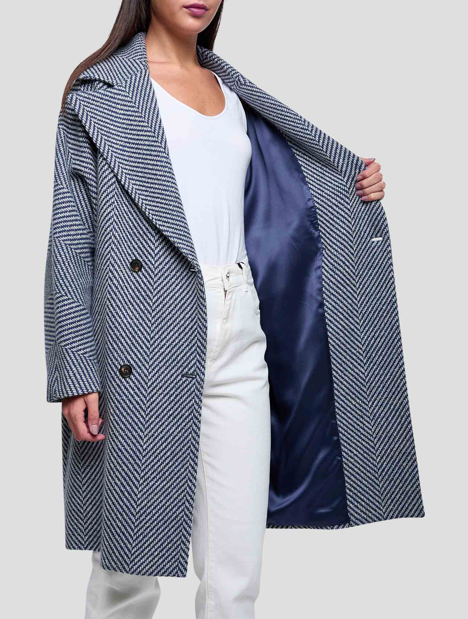 Kiton Blue White Cashmere Overcoat Women