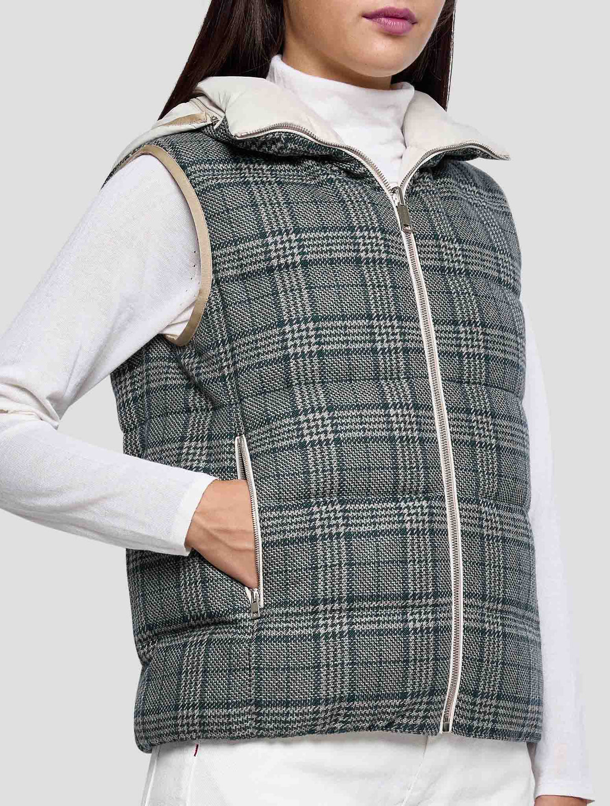 Kiton Green Gray Cashmere Silk Reverse Gilet Women