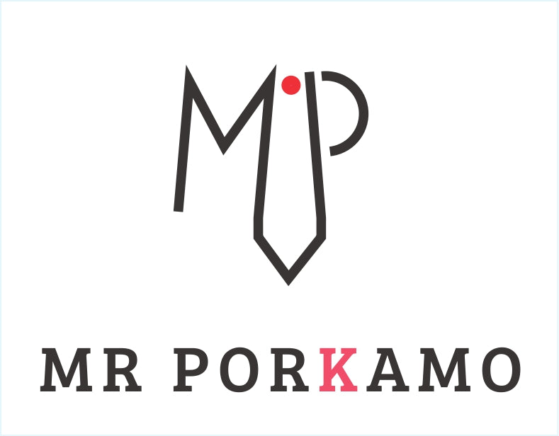 Mr Porkamo logo featuring a tie and playful typography in black and red