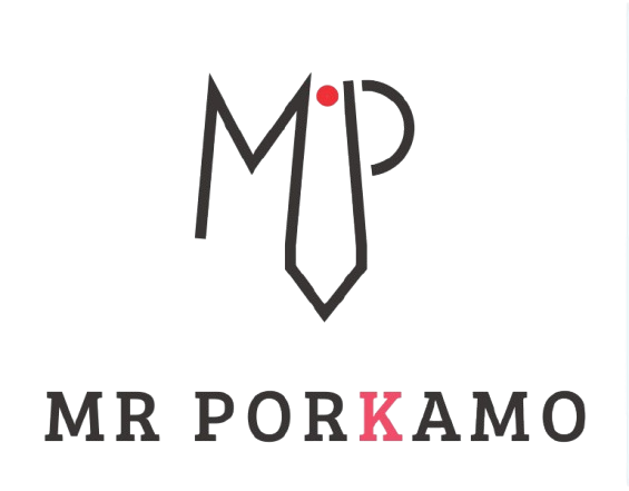 Mr Porkamo logo featuring a tie and stylized letters in black and red